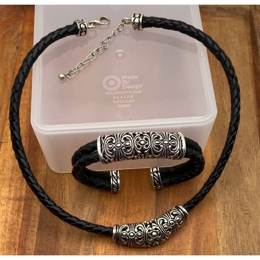 Black Braided Leather Necklace and Bracelet Set with Silver Filigree Accents